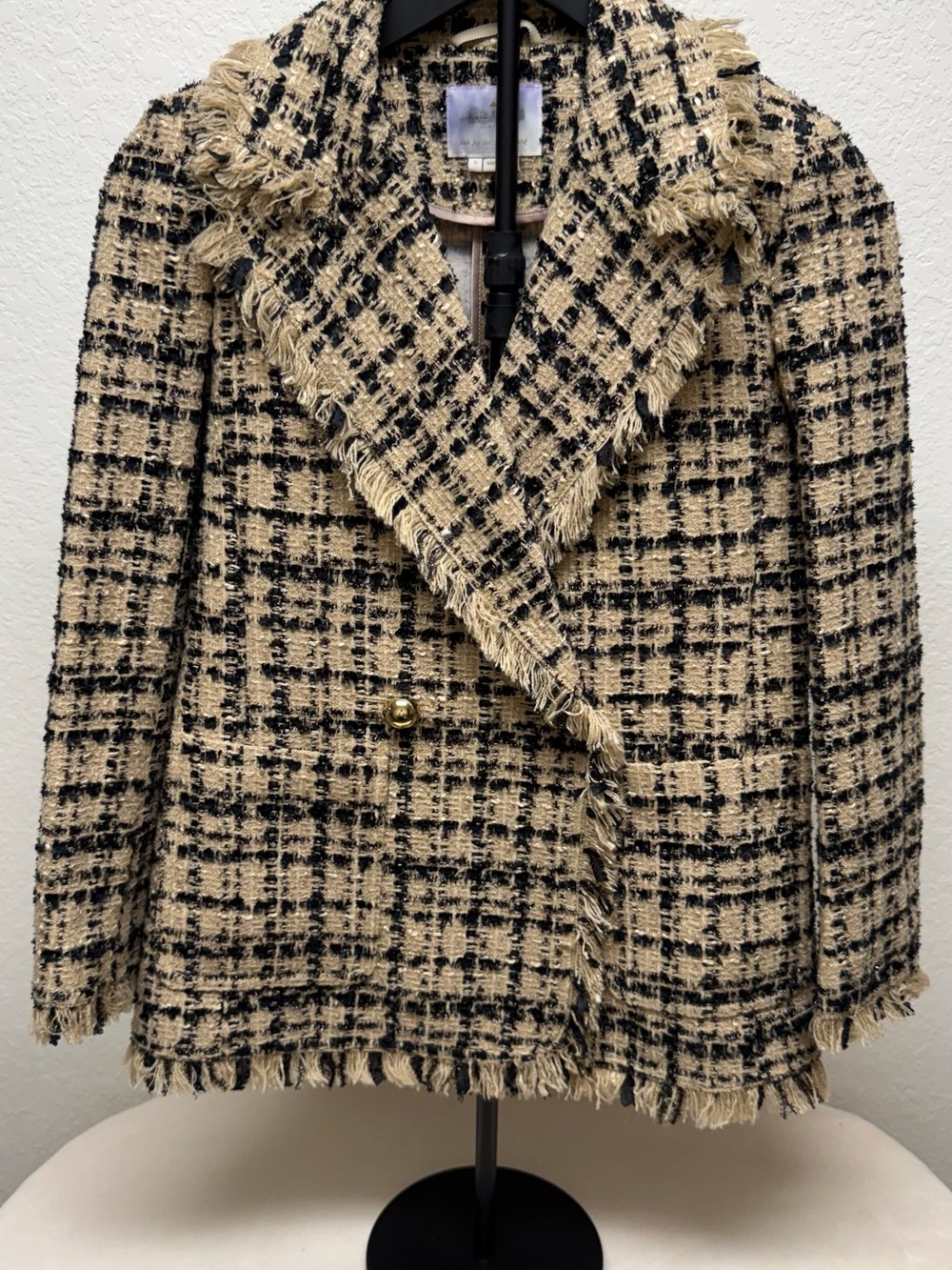 kate spade Beige & Black Frayed Plaid Bouclé Double-Breasted Jacket